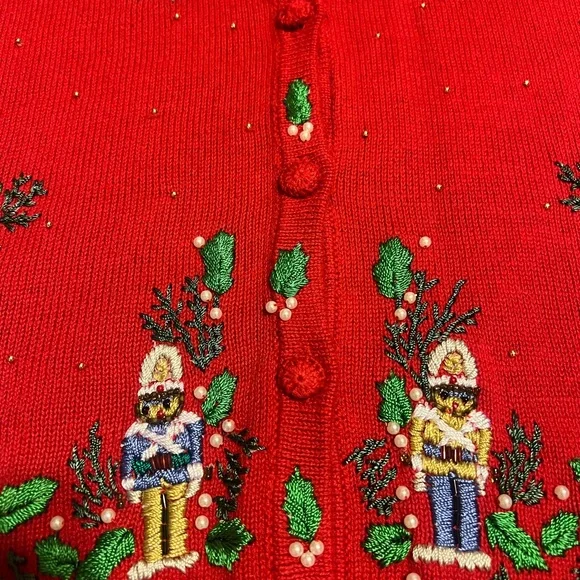 Vintage Red Christmas Cardigan with Nutcracker Design - Picture 4 of 7